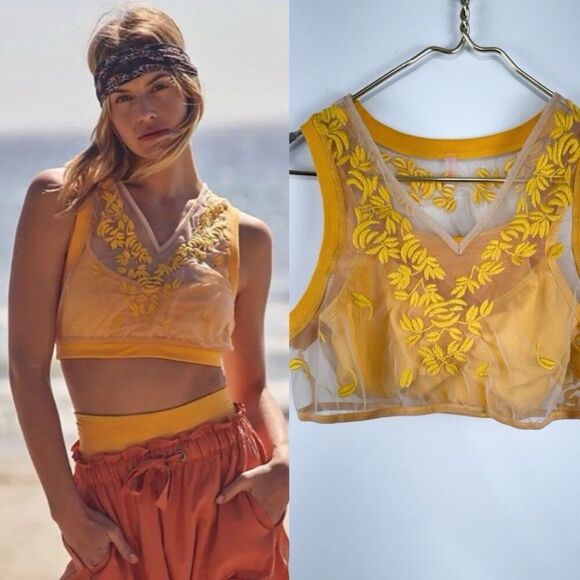 Free People Sz S Ribbon Embroidery Crop Top Mango /Burning Up Combo - Picture 1 of 6